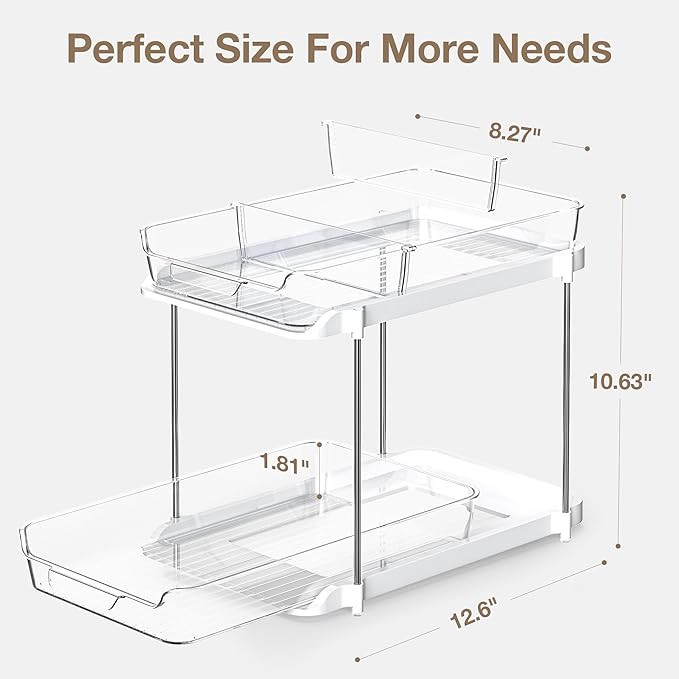 Delamu 2-Tier Bathroom Under Sink Organizers and Storage, Pull Out Cabinet Drawers with Anti-Slip Design, Multi-Purpose Storage for Kitchen, Pantry, Bathroom & Home Organization, Snowy, 1 Pack