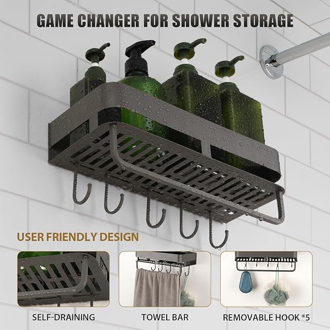 Extended version Adhesive Shower Caddy, 15.7 inch Stainless Steel Shower Shelves for Inside Shower with Hooks & Towel Bar-No Drilling(Gun Gray)