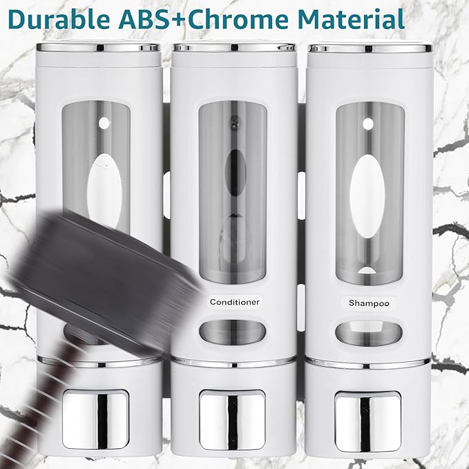 White 3-Chamber Wall Mounted Dispenser for Shower, Bathroom, Kitchen or Hotel - No Drilling Required, Holds Shampoo, Conditioner and Body Wash
