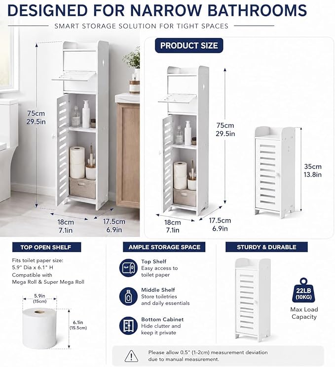 BorealBear Slim Bathroom Storage Cabinet with Toilet Paper Holder, Narrow Bathroom Cabinet for Small Spaces, Freestanding Organizer with Door & Shelves, Space Saving White Bathroom Cabinet