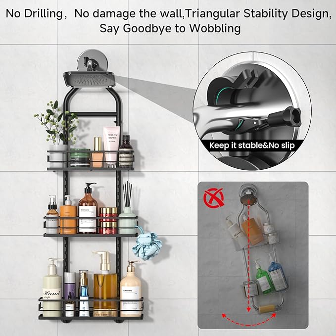 3 Tier Hanging Shower Head Caddy, Adjustable Hanging Shower Caddy Over Showerhead, Standing Shower Caddy No Drilling Handing Racks Rustproof for Bathroom Shampoo Soap Storage