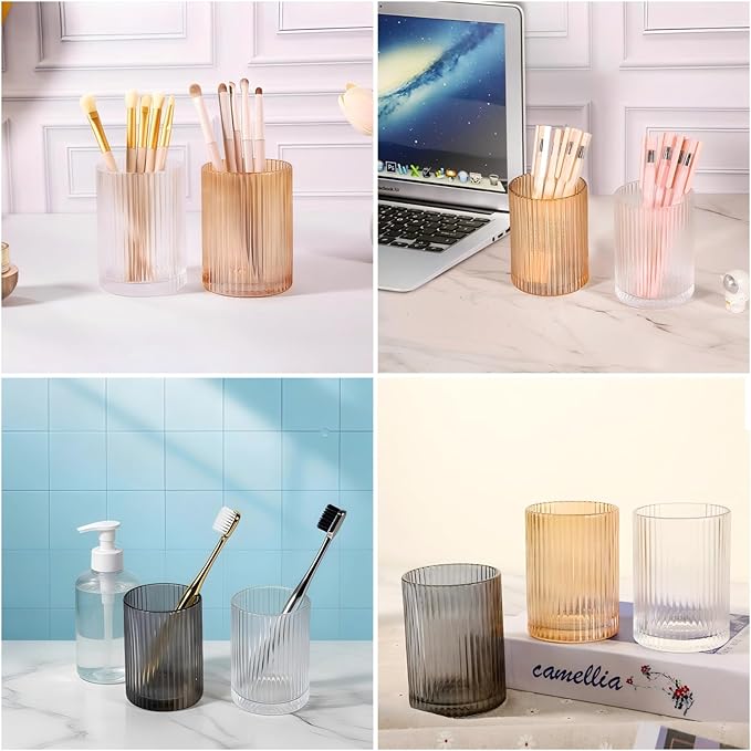 DASITON Makeup Brush Holder Organizer, Crystal Cosmetic Makeup Brushes Storage Holder, Glass Make Up Brush Holder, Vintage Striped Make Up Cup Desk Pen Pencil Holder, Toothbrush Holders (Gray S)