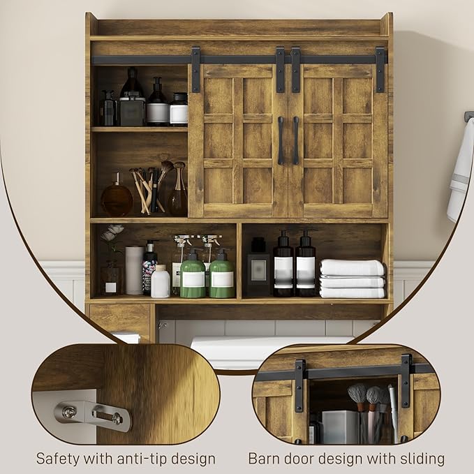 Halitaa Over The Toilet Storage Cabinet, Farmhouse Storage Cabinet Over Toilet with Sliding Doors，Home Space-Saving Toilet Rack, for Bathroom, Restroom, Laundry(Brown