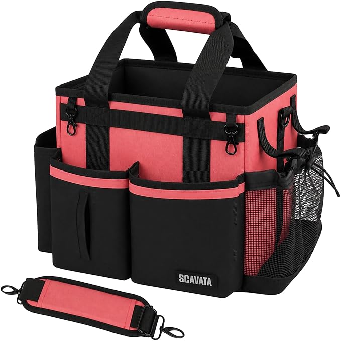 SCAVATA Compact Wearable Cleaning Caddy, Small Cleaning Caddy Supplies Organizer with Handle & Shoulder Straps for Housekeepers, Under Sink & Car Cleaning Tool Organizers Bag (CaralPink)