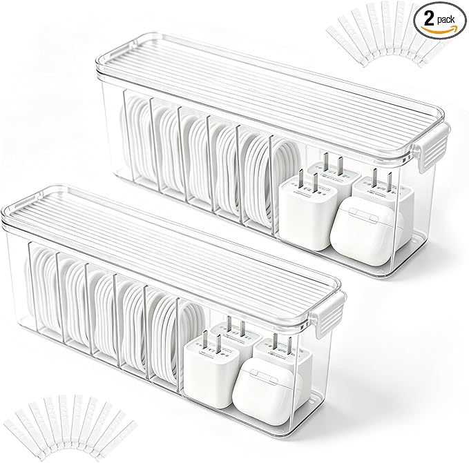 TexHome 2 Pcs Cable Organizer Boxes Clear Charger Cable Storage Boxes with Lid and Cable Straps, Plastic Electronics Cord Organizer for Office Desk Home Drawer Accessories Storage, Clear