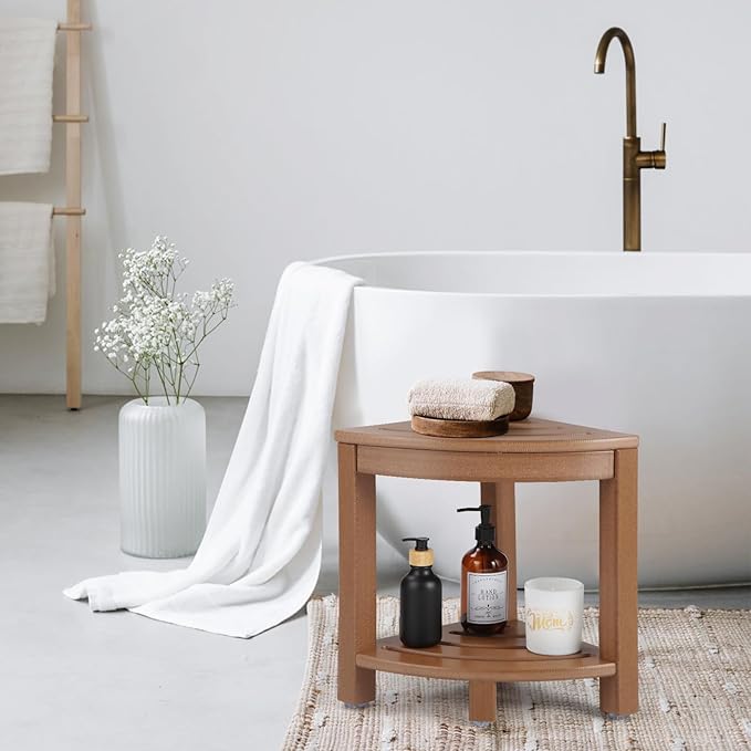 Apolimi HDPE Corner Shower Stool,Shower Bench Seat with Storage Shelf for Shaving Legs Plastic Spa Bath Step Foot Rest for Bathroom Small Place (Teak)