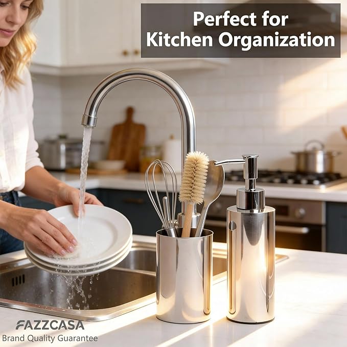 Stainless Steel Round 2PCS Bathroom Set, Soap Dispenser & Toothbrush Holder Set, Suitable for Kitchen and Bathroom Hand Washing Liquid Bath Gel Shampoo, （7.5OZ/220ML）