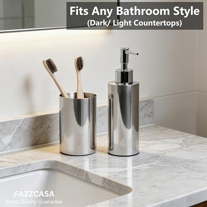 Stainless Steel Round 2PCS Bathroom Set, Soap Dispenser & Toothbrush Holder Set, Suitable for Kitchen and Bathroom Hand Washing Liquid Bath Gel Shampoo, （7.5OZ/220ML）