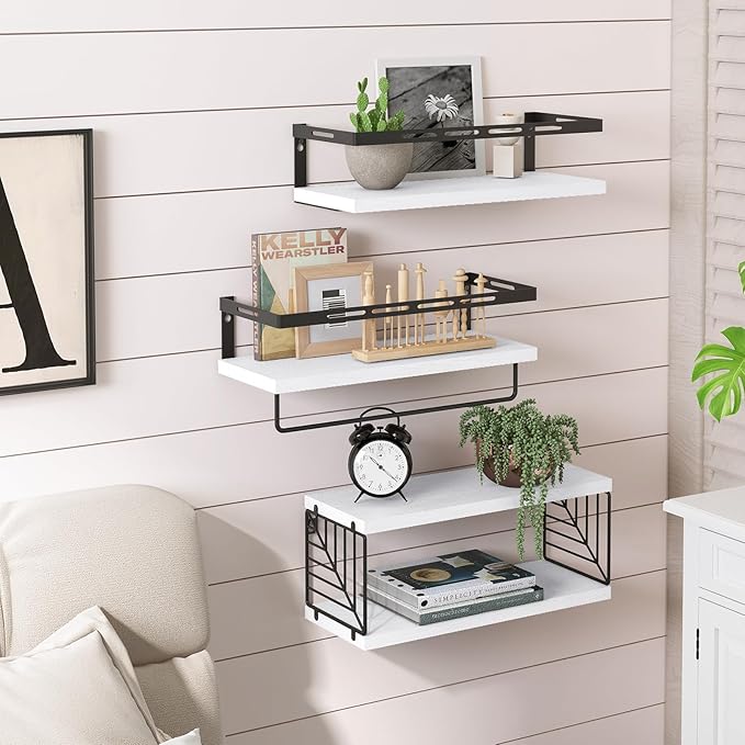 Fixwal Wall Mounted Bathroom Shelves Over Toilet, Rustic Wood Floating Shelves with Metal Frame and Towel Bar for Bathroom, Kitchen, Bedroom, Living Room (3 Plus 1 White)