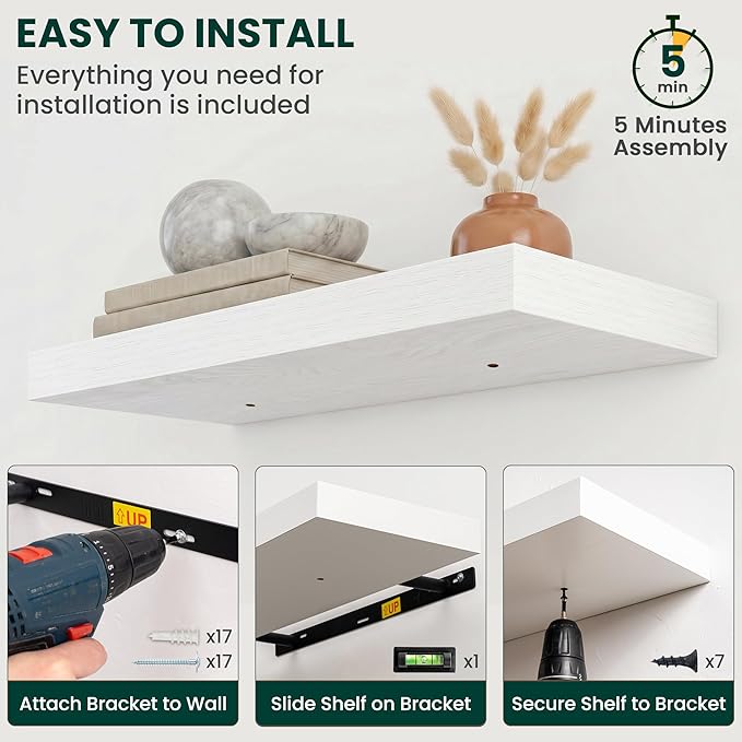 Floating Shelves for Wall 72 in x 9.3 in Deep, Wall Mounted Rustic Wood Shelf with Invisible Brackets for Storage & Display, Living Room Bedroom Bathroom, White, 1 Pack