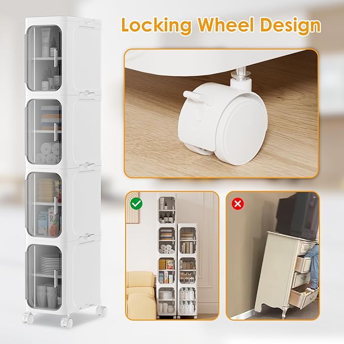 HIYOHIYO 4-Tier Tall Narrow Bathroom Storage Cabinet with Movable and Locking Wheel Design, Slim Storage Cabinet with Adjustable Shelves for Small Space and Kitchen Narrow Spaces, White (Width 8.5")