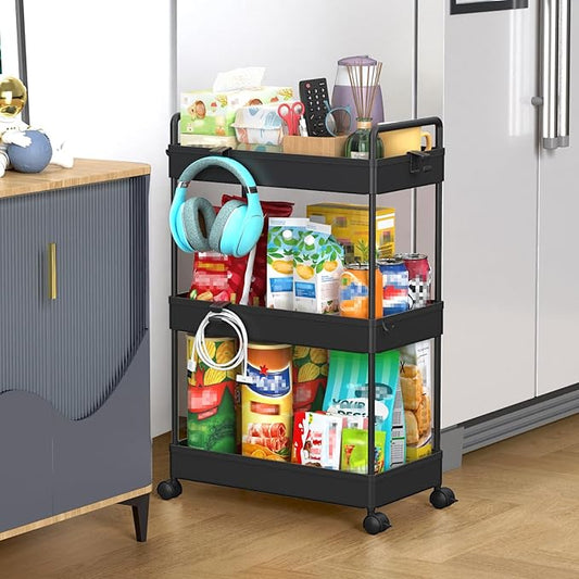 SOLEJAZZ 3 Tier Rolling Storage Cart with Wheels Slim Craft Nail Makeup Snack Art Baby Utility Cart Organizer on 2 Lockable Wheels for Bathroom Laundry Room Kitchen Bedside Narrow Spaces, Black