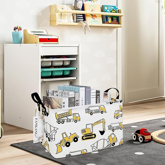 Storage Bins, Nursery Hamper Canvas Laundry Basket Foldable with Waterproof PE Coating Large Storage Baskets for Kids Boys and Girls, Office, Bedroom, Clothes,Toys(Rec-excavator）