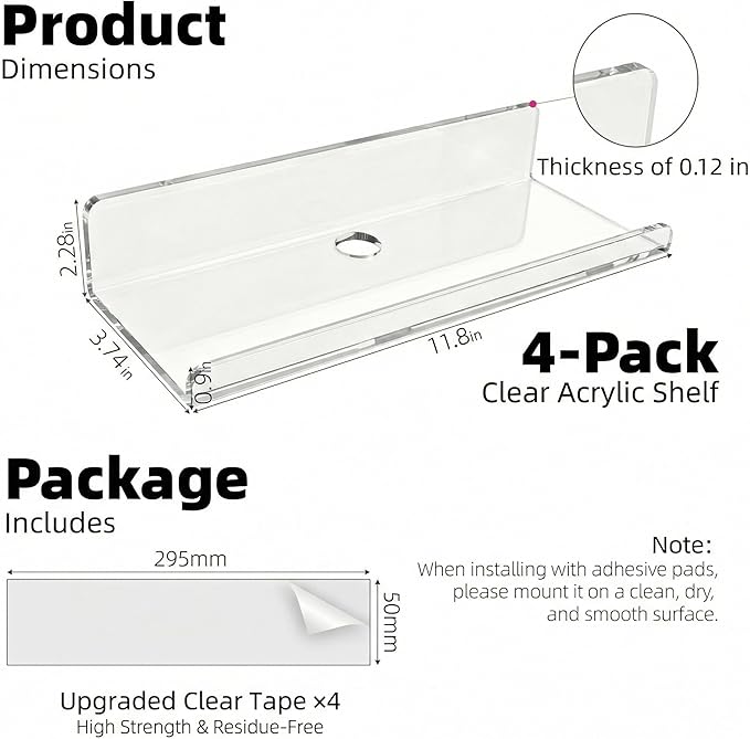 Acrylic Floating Shelves, Adhesive Wall Mount Command Shelves for Bathroom, Kitchen, Dorm - Renter-Friendly Easy Install Wall Shelves for Home Decor and Organization (Fully Clear-4 Pack)