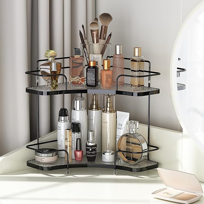 FOLLOWIN 2 Tier Bathroom Countertop Corner Organizer, Countertop Perfume Tray, Vanity Counter Shelf, Skincare Makeup Cosmetic Vanity Organizers, Elegant Black