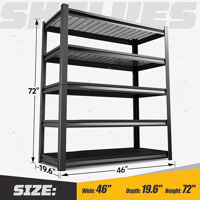 Garage Shelving, 2000LBS Garage Storage Shelves, 5-Tier Heavy Duty Shelves, Utility Adjustable Metal Shelving Unit, 72" H x 46" W x 19.6" D Storage Shelf for Warehouse, Basement, Closet