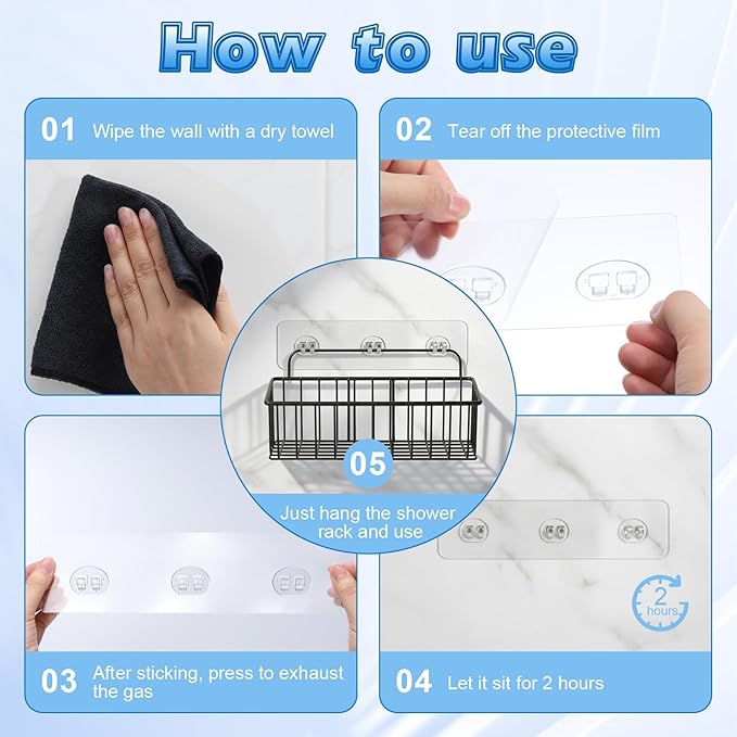 Novabright 40 Pack Shower Caddies Adhesive Replacement Strips Waterproof Strong Adhesive Hooks, No Drilling, Wall Mount Strips for Bathroom Storage Shelves Soap Holder Kitchen Rack Organizer