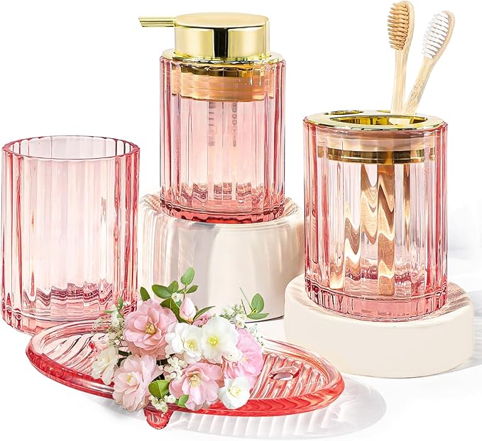 CERBIOR Bathroom Accessories Set, 4 Pcs Glass Accessories Sets Includes Soap Dispenser, Toothbrush Holder, Toothbrush Cup, Soap Dish for Decorative Countertop and Housewarming Gift,Golden Pink