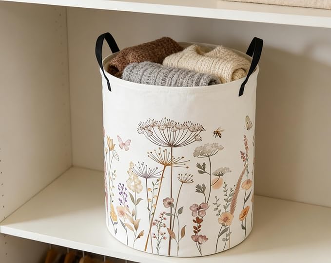 ESSME Kids Laundry Basket,Flower Hamper Collapsible Canvas Waterproof Storage Bin for Girls, Cute Hamper,Gift Baskets(Flower cluster)