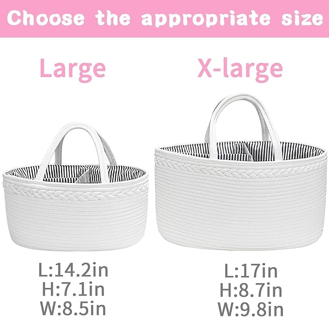 ABenkle X-Large Diaper Caddy Organizer, Boho Rustic Cotton Rope Nursery Baby Basket, Changing Table Organizer for Baby Diaper Storage and Baby Shower