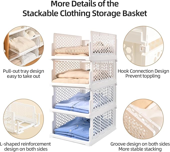 Pull-out Plastic Storage Basket,Stackable Closet Organizers Drawer Anti-Tipping, Reinforced Stable Shelf Container for Bathroom Laundry Room Storage, Space-Saving Clothes Storage (white, Large-5pcs)