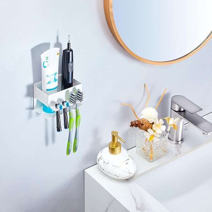 Toothbrush Head Holders, Electric Tooth Brush Head Holder, Adhesive Toothpaste Holder for Shower Bathrooms, Wall Mounted Tooth Brushing Holder Organizer Storage (White, Small)