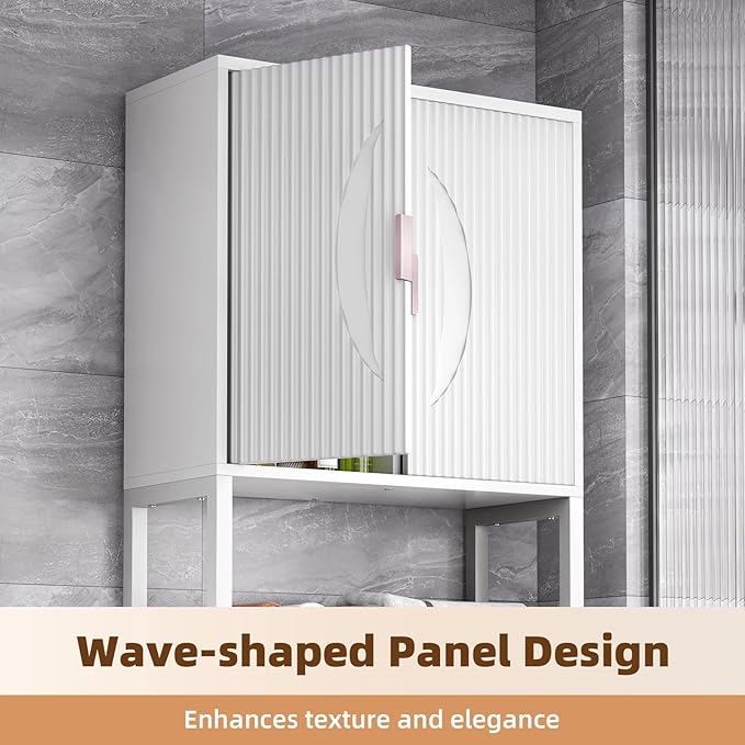 Kalrin Over The Toilet Storage Cabinet with Fluted Wave Doors and Adjustable Shelf, Wood Over Toilet Storage Rack with Drain Basket, Freestanding Bathroom Organizer for Balcony Laundry, Pure White