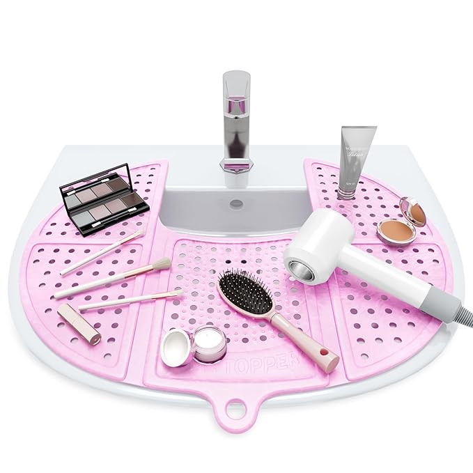 Sink Topper Bathroom Counter Cover & Storage Saver, Foldable Silicone Mat for Hot Tools, Hair Styling & Makeup, Beauty Brush Cleaning Mat, RV Camper Sink Cover & for Small Spaces (Standard Pink)