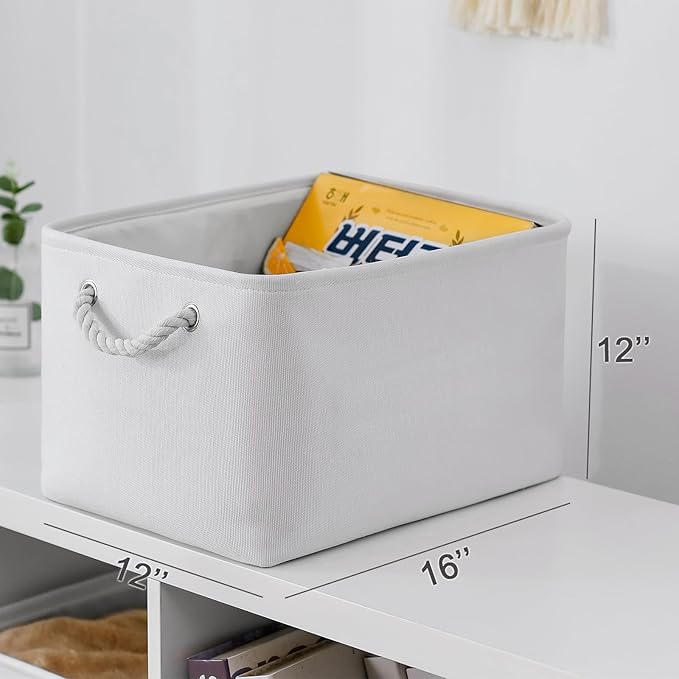 TheWarmHome Storage Basket for Shelves - 15.8x11.8x11.8 inch 3 Pack Fabric Storage Cubes, Collapsible Storage Bin for Organizing Organizer Closet Book Gift Dog(White)