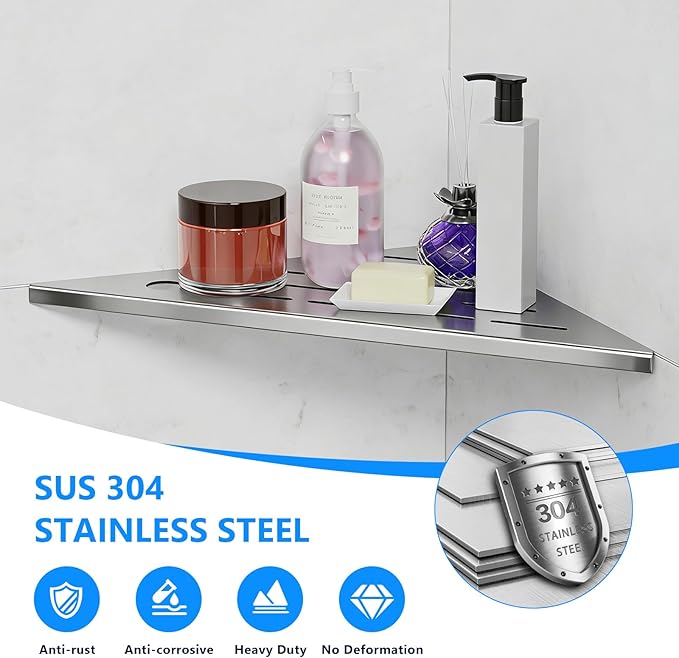 Shower Shelves, Corner Shower Shelf, 304 Stainless Steel Shower Caddy with Razor Hole, Shower Shelf for Inside Shower, Modern Sturdy Shelves for Tile Walls, Bathroom Shelves (Silver)