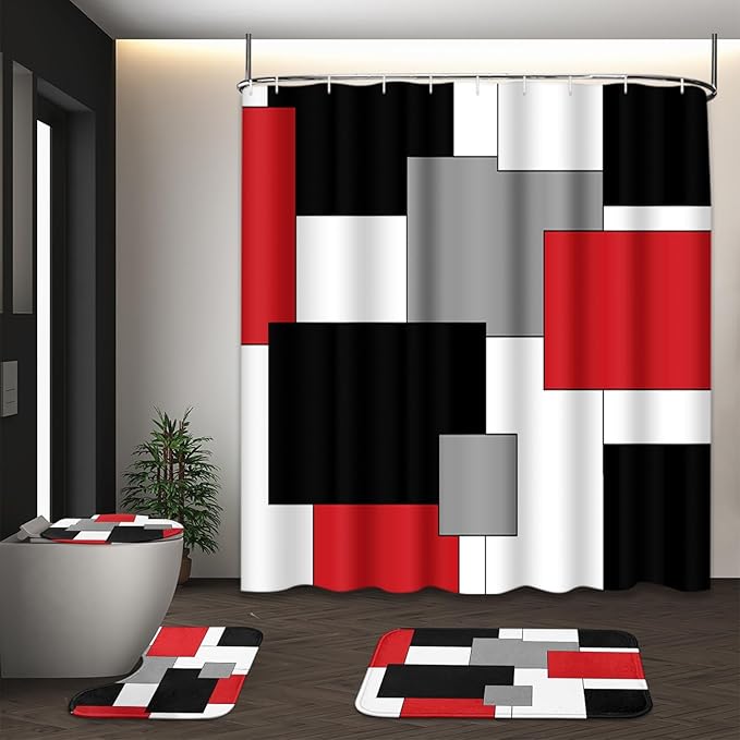 Red Geometric Shower Curtain Set with Toilet Lid Cover and Non-Slip Rugs for Bathroom, Black White Grey Checkered 4 Pcs Shower Curtain, Modern Abstract Bathroom Set with 12 Hooks
