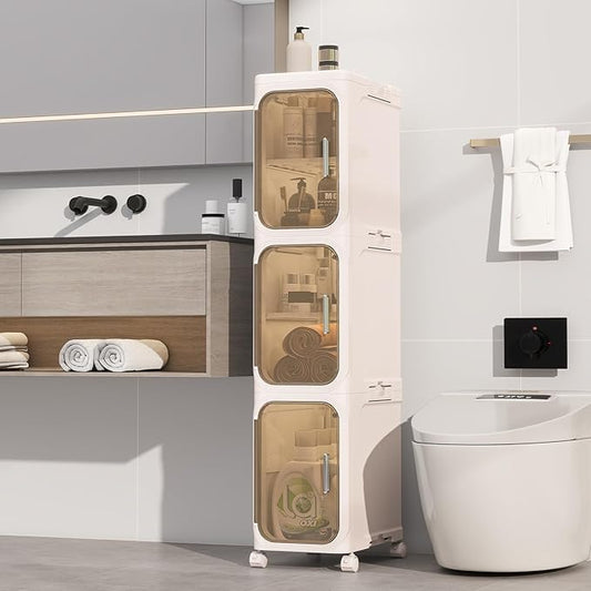 3-Tiers Slim Bathroom Storage Cabinet, Foldable Storage Cabinets,Narrow Bathroom Storage,Movable Bathroom Storage Organizer for Small Spaces,Bathroom,Kitchen,Laundry, Beige