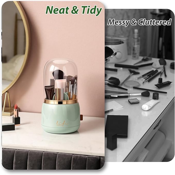 360º Rotating Toothbrush Holder with Cover, Dustproof Waterproof Cosmetic Organizer, 7-Slot Bathroom Countertop Organizer with Drainage for Makeup Brushes, Electric Toothbrushes, Toothpaste