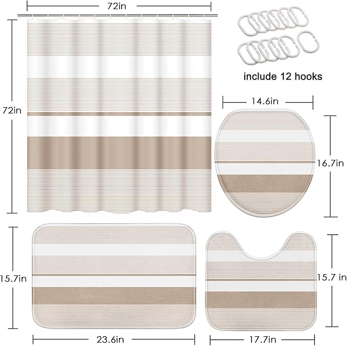 Beige Shower Curtain Set with Toilet Lid Cover and Non-Slip Rugs for Bathroom, Modern Striped Lines 4 Pcs Shower Curtain, Simple Abstract Bathroom Set with 12 Hooks