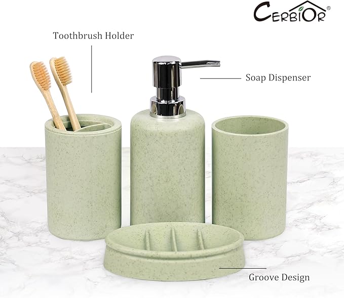CERBIOR Bathroom Accessories Set 6 Piece Wheat Straw Bath Ensemble Includes Soap Dispenser, Toothbrush Holder, Toothbrush Cup, Soap Dish for Decorative Countertop and Housewarming Gift (Green)