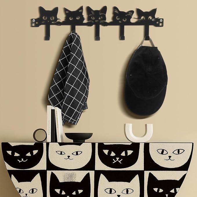 AceOrbit Cat Over The Door Hooks Hanger Wall Mount Towel Hanger Door Holder Organizer 5 Hooks Kawaii Farmhouse Rustic Coquettish Style Decor for Bedroom Bathroom Towel Hat Clothes