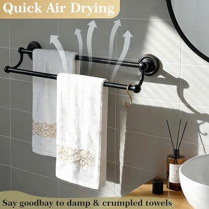 Double Towel Bar, Antique Brass Towel Racks for Bathroom Wall Mount, Adjustable Vintage Black Towel Bar 13.4"-24.8" Usable Bar Length, Heavy Duty Rustproof Bathroom Towel Rod Holder for Kitchen