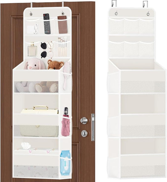 SpaceHacks 5-Tier Over the Door Organizer with Mesh Pockets, Baby Nursery Storage for Closet, Bathroom and Bedroom, Adjustable Hanging Closet Organizer for Cosmetics, Books and Essentials (Beige)