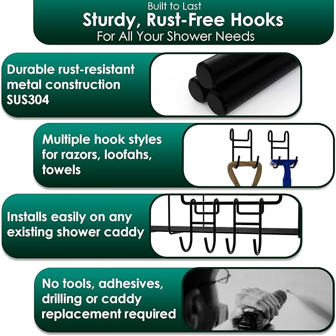 Black Shower Caddy with Hooks - 2 Pack Shower Caddy for Loofah and Razor