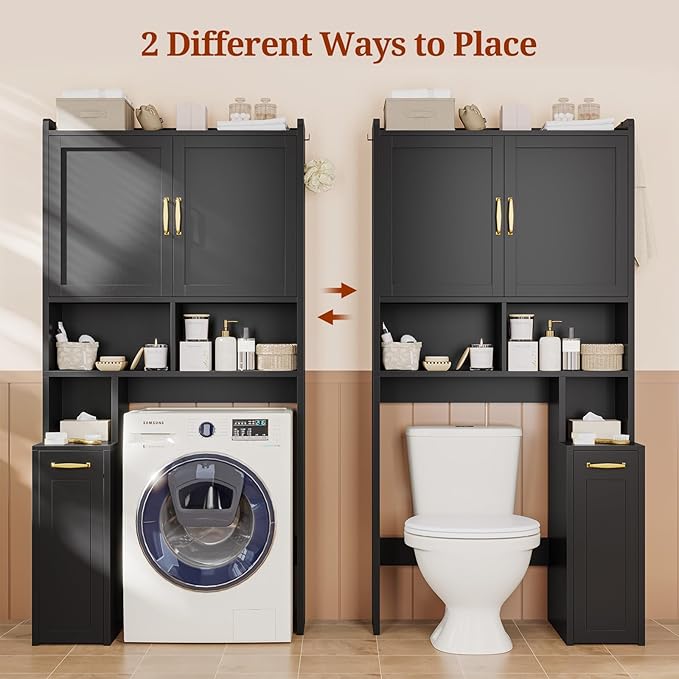 UPOSOJA Over The Toilet Storage Cabinet with Pulley Small Bathroom Storage Cabinet, Space Saver W/Adjustable Shelf & Open Shelf for Bathroom, Restroom, Laundry (Black)