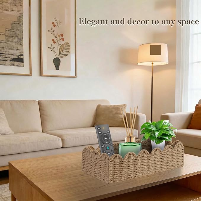 2 Pack Scalloped Wicker Toilet Paper Storage Basket, Handwoven Paper Rope Basket Organizer for Toilet Tank & Shelves, Decorative Woven Storage Bin for Living Room, Bedroom & Entryway, Beige