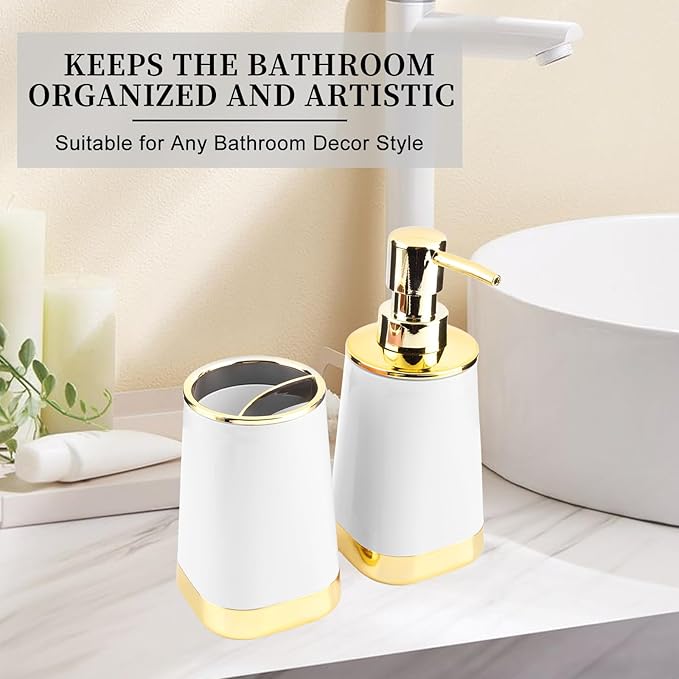 Bathroom Accessories Set, 2Piece White and Gold Bathroom Accessories Include Soap Dispenser and Toothbrush Holder for Modern Bathroom Decor