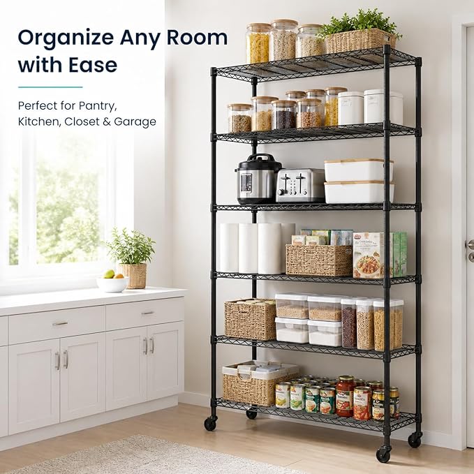 6 Tier Shelf Heavy Duty Metal Shelving Unit with Wheels, Adjustable Wire Storage Shelves 2100LBS Capacity, Garage Shelving for Pantry, Kitchen, Closet, Black, 18" D x 45" W x 82" H