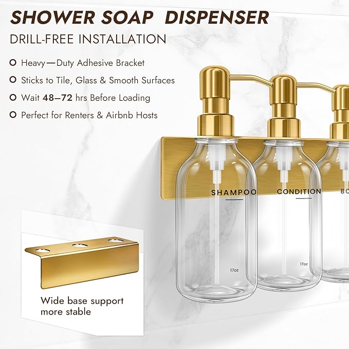 KOUCHU Shampoo and Conditioner Dispenser Set - Wall Mounted Shower Soap Dispenser - 17oz No-Drill Refillable Plastic Pump Bottles for Bathroom Kitchen - Includes Soap Dish and Hook (Transparent)