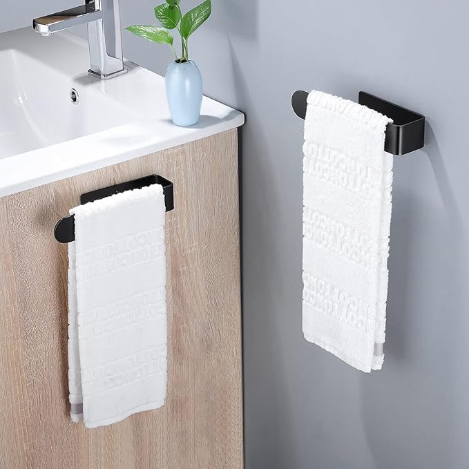 Taozun Hand Towel Bar Bathroom Towel Holder Black Single Towel Rack Self Adhesive Towel Ring Stainless Steel Towel Rail for Bathroom Kitchen, 2 Packs