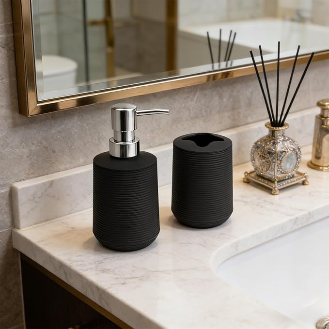 Bathroom Accessories Set, Bathroom Soap Dispenser & Toothbrush Holder Set, 2 Piece High Capacity Organizer in Black, Minimalist Boho Style for Clutter Free Bathroom