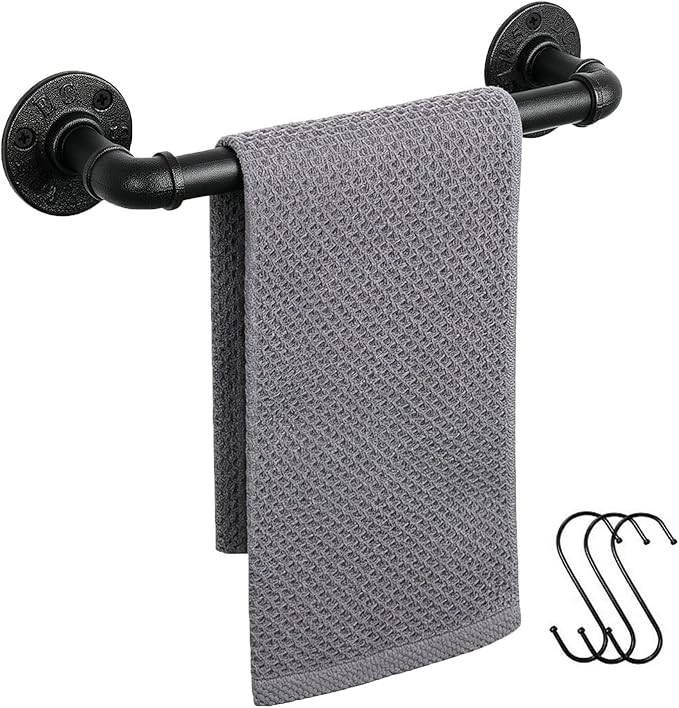 Industrial Pipe Towel Rack Towel Bar, Heavy Duty Wall Mounted Rustic Farmhouse Bath Towel Holder for Bathroom (Black, 12 inch)