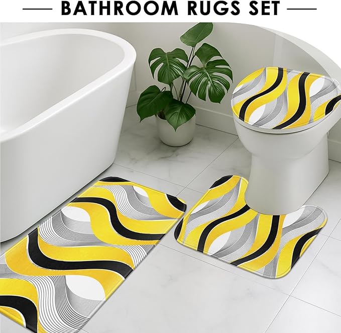 Yellow Striped Shower Curtain Set with Toilet Lid Cover and Non-Slip Rugs for Bathroom, Grey and Black Geometric Lines 4 Pcs Shower Curtain, Modern Yellow Bathroom Set with 12 Hooks
