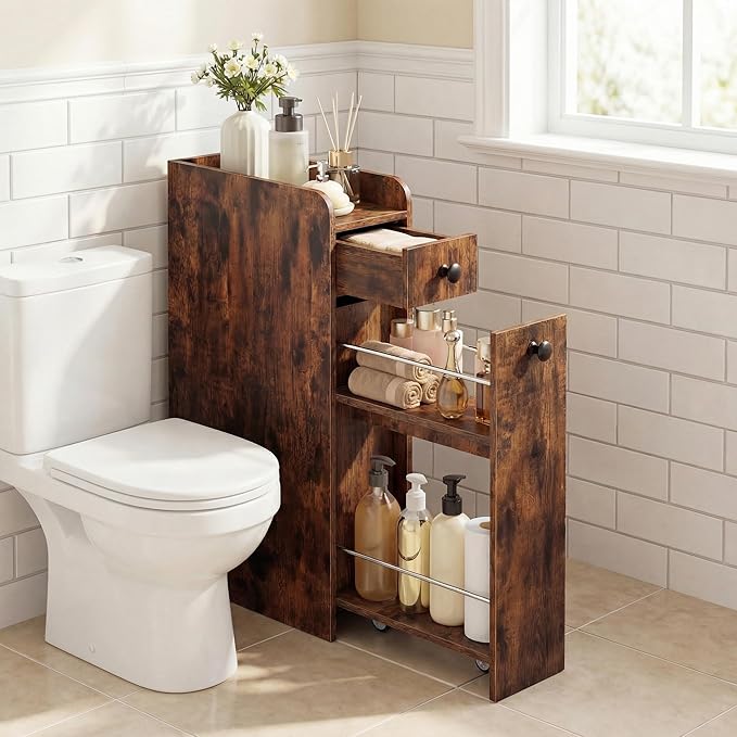 Tangkula Slim Bathroom Storage Cabinet, 4-Tier Narrow Small Side Storage Cabinet Next to Toilet, Slide Out Drawers on Casters, Floor Organizer Toilet Paper Holder for Small Spaces (Rustic Brown)