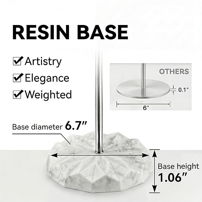 ROLABAM Modern Free Standing Toilet Paper Holder with White Marble Pattern Weighted Base, Brushed Nickel Rustproof Metal Tissue Stand, Decorative Bathroom Floor Roll Holder